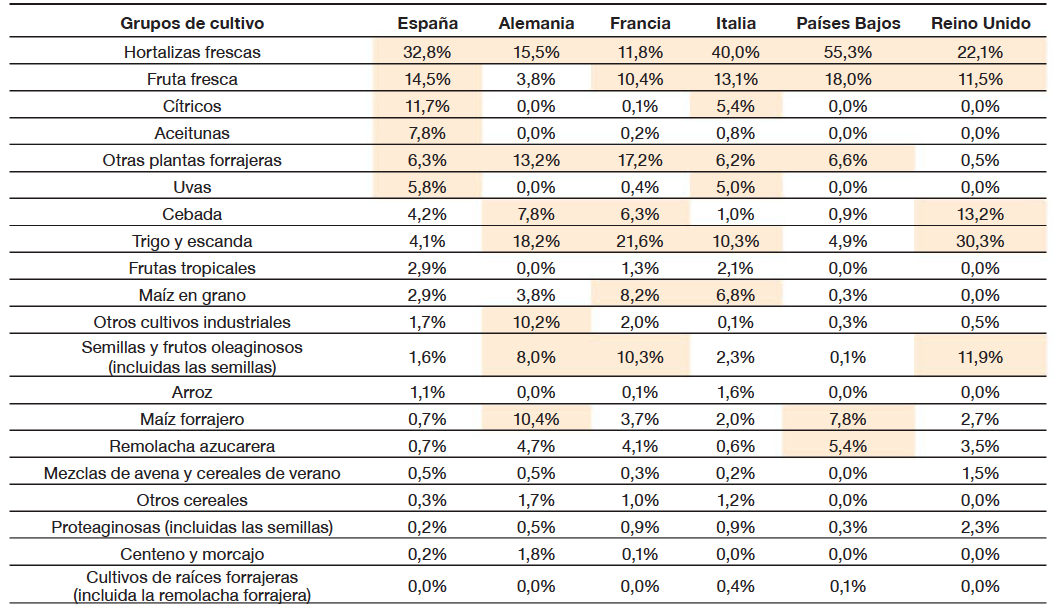 Representatividad de los diferentes grupos de cultivo en la producción agrícola nacional (2017, % de la producción agrícola)